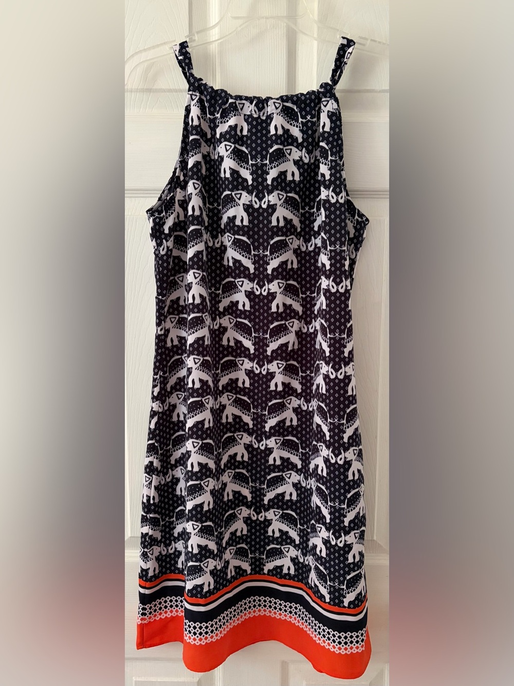 crown & ivy Blue and White Elephant Print Sleeveless Dress with Orange Hem